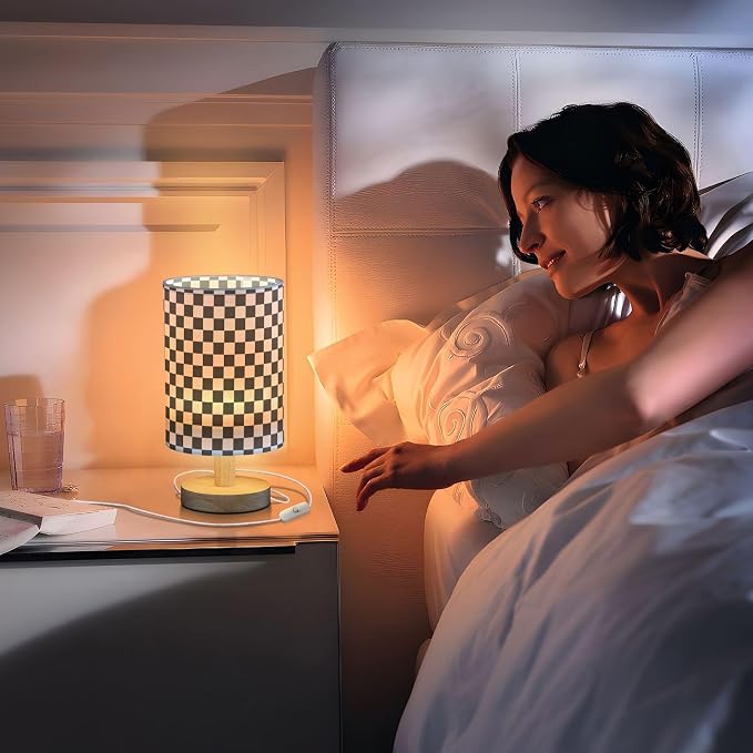 Bedside Lamp Black White Checkered Pattern Table Lamp for Bedroom LED Nightstand Lamp Shade USB Ports Wood Base for Living Room Dorm Office