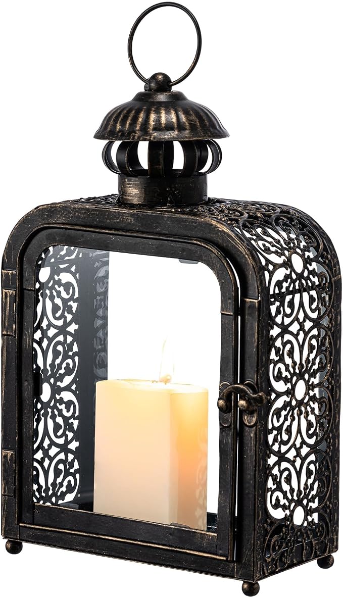 Candle Lantern Decorative Indoor & Outdoor, Vintage Metal Lanterns with Clear Glass, Tabletop&Hanging Candle Holders for Patio Front Porch Home Decor, Christmas Decorations (Bronze)