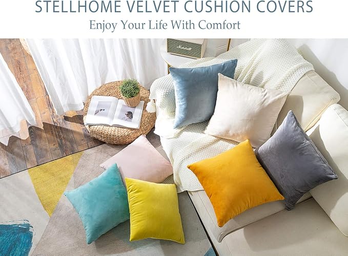 Stellhome Super Soft Velvet Throw Pillow Covers Square Pillowcase for Bed Couch Sofa Bench, 18 x 18 inch (45 cm), Beige, Pack of 2