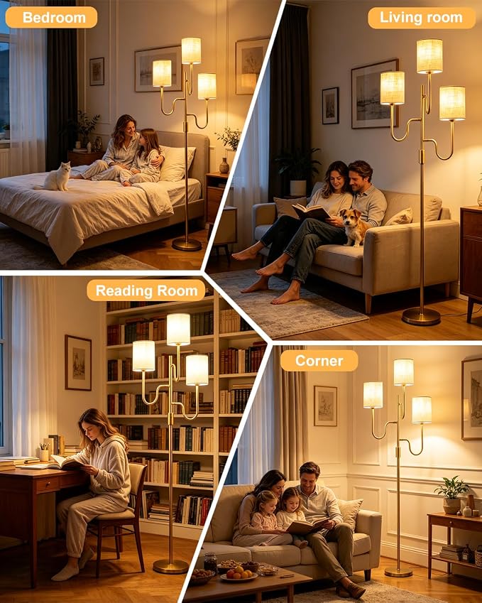 Lightdot 63IN Gold Floor Lamp Dimmable 3-Lights LED Floor Lamps with Cylinder Fabric Shade& Warm White Bulb for Wedding/Party 3-Arm Standing Tall Lamp for Living Room/Bedroom/Sofa Beside/Corner Decor