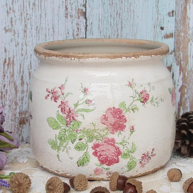 Decorative Pink Vintage Floral Pots, Ceramic Garden Pots with Drainage | Grandma Flower Pots for Indoor Plants, Succulent & Herb Pots, Crackle Glaze Pottery, Maximalist Chic Decor, Mom Gifts