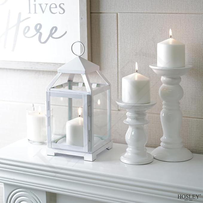Hosley 12 Inch High Clear Glass and Iron White Classic Style Lantern Ideal Gift for Weddings Bridals Special Occasions Parties Aromatherapy and Spa Settings