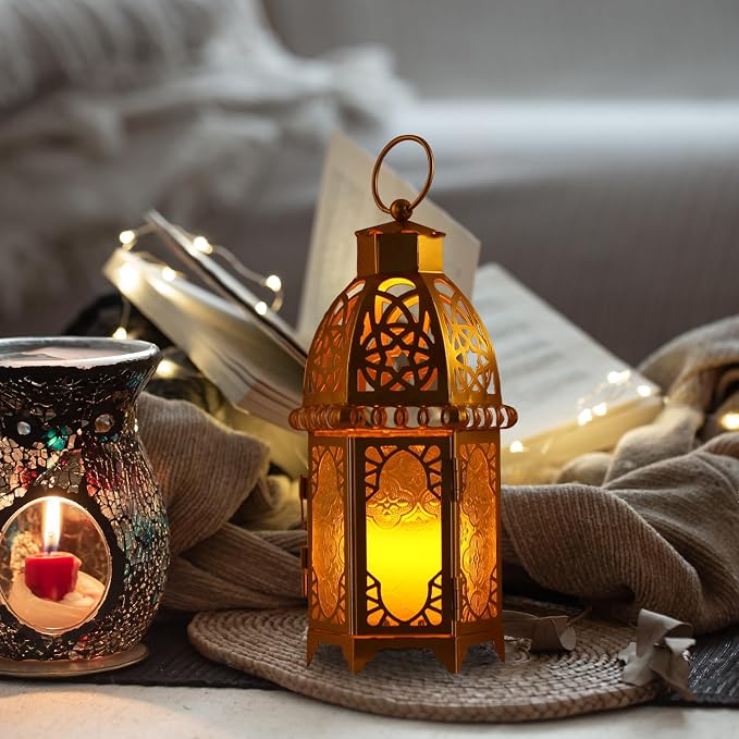 Moroccan Lanterns Decorative Indoor & Outdoor, 12.8’’ Medium Size Golden Metal Hanging&Tabletop Candle Holder Decor, Halloween Christmas Ramadan Decorations for Home Porch Patio (Golden)