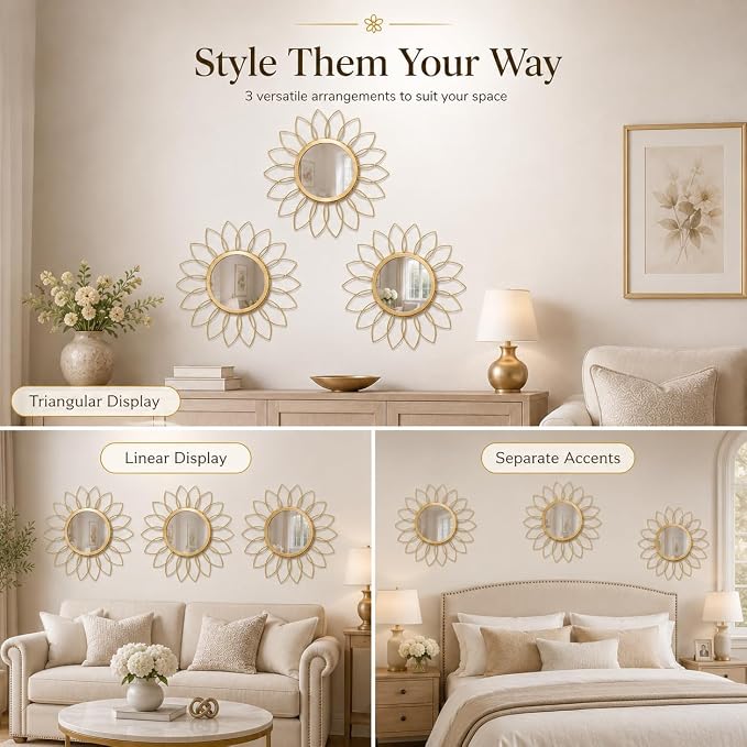 Gold Flower Mirror Set of 3, 3PCS Metal Round Decorative Wall Mirrors, Floral Petal Accent Mirror Wall Decor for Living Room, Bedroom, Entryway & Bathroom