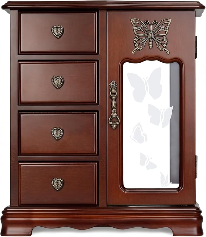 RR ROUND RICH DESIGN Solid Wood Jewelry Box for Women Brown | Vintage Butterfly Glass Door Jewelry Armoire with Mirror, 4 Drawers & Rotating Necklace Carousel