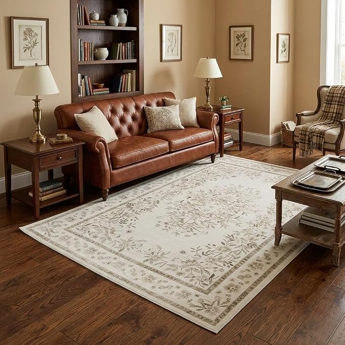 GarveeHome 6x9 Flower Rug for Living Room Vintage Floral Leaf Bedroom Rug | Beige Botanical Bordered Floor Carpets for Nursery Room Low Pile Non-Slip Machine Washable Area Rug for Dining Office Laundry