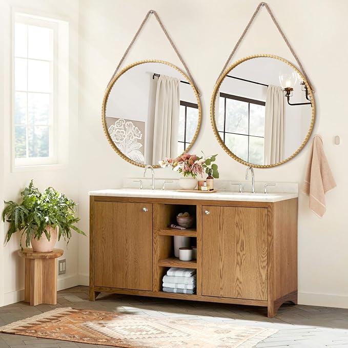 Circle Hanging Mirror Metal Framed Modern Wall Decorative Round Mirrors with Beaded for Bathroom Living Room Office Gold 28"