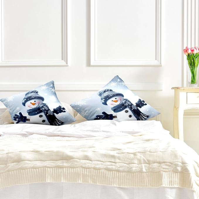 Blue Snowman Pillow Covers Set of 2 Winter Pillow Covers 20x20 Holiday Decorative Throw Pillows Protector Cotton Blend for Indoor Couch Patio