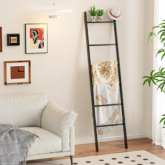 BAMBANG 6-Tier Blanket Ladder for Living Room, Blanket Quilt Ladder Rack Rustic Decorative Towel Holder, Wall Leaning Blanket Ladder Shelf Storage Farmhouse Decor for Bedroom Bathroom, Black