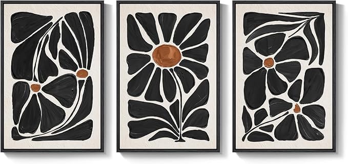 Large Framed Boho Floral Wall Art for Living Room, 3 Piece Mid-Century Modern Abstract Botanical Canvas Painting Prints Artwork for Walls, Black and White Flowers for Bedroom Hallway Office, 24x36