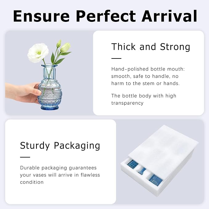 SUPMIND Blue Glass Bud Vases Set of 6, Small Flower Vases for Centerpieces | Mini Vintage Vase in Bulk for Wedding, Baby Shower, Home Decor, Table Decoration