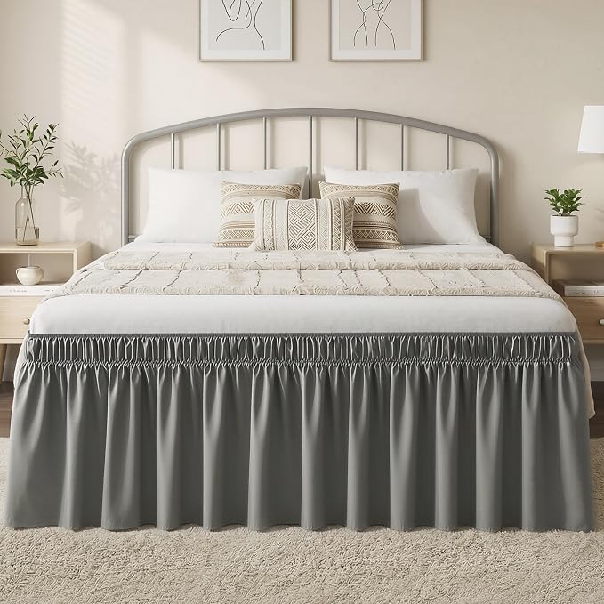 Vocander Dark Gray Queen Bed Skirt 18 Inch Drop, Elastic Wrap Dust Ruffle | Hides Underbed Storage, No Mattress Lifting, Elastic Stays Put, Soft Fabric, Machine Washable, Polished Look