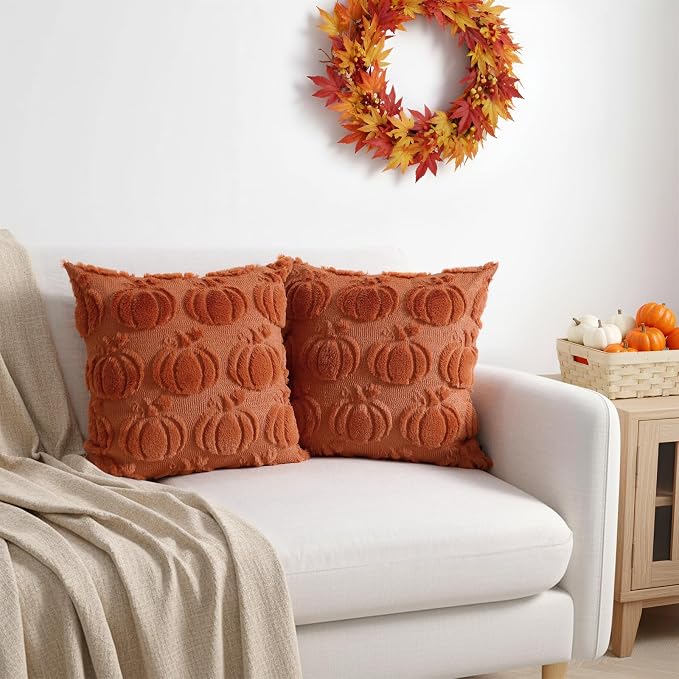 Thmyo Fall Throw Pillow Covers 18x18 inch Set of 2 Rust Pumpkin Decorative Pillow Cases, Soft Plush Faux Fur Wool Square Cushion Covers for Sofa Couch Bedroom Home Winter Autumn Harvest Decor