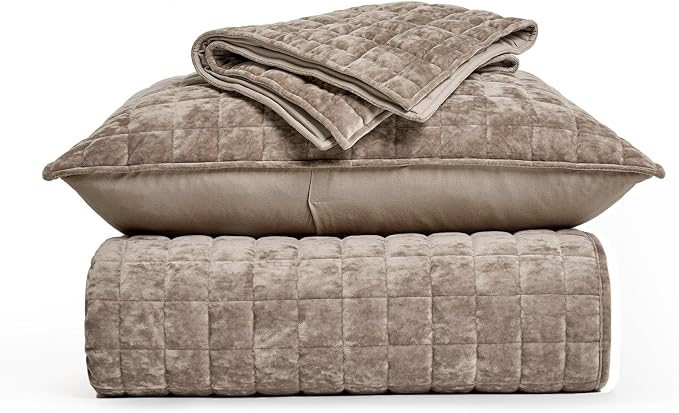 RECYCO Channel Box Stitch Velvet Quilt Set, Full Queen Size, Natural Tan | Ultra Soft Lightweight Velvet Comforter, Luxury Oversized Bedspread Coverlet, Quilted Bedding Set for All Season with 2 Shams