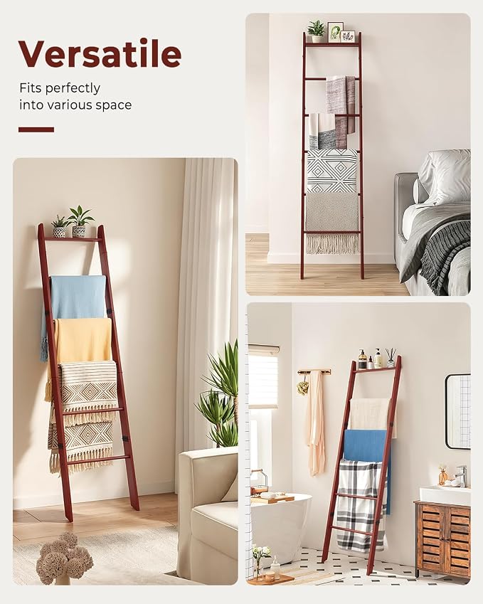 6-Tier Blanket Ladder Wooden, Blanket Quilt Towel Holder Rack Ladder, Brown | Wall Leaning Solid Wood Quilt Rack, Scratch & Slip Resistant, Living Room Bedroom Bathroom, Quick Setup, Brown