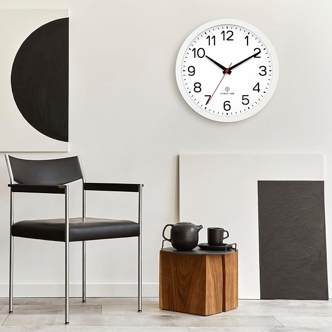 AKCISOT 10 Inch Wall Clock, Silent Battery Operated Analog Clock, White | Atomic | Classroom | Kitchen | Office | Easy to Read Numbers | Garage
