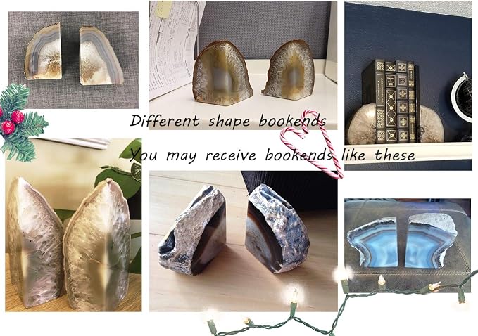 AMOYSTONE Geode Bookends Agate Shelve Decor Crystal Book Ends for Heavy Books Nature Brown with Rubber Bumper(1 Pair, 3-4 LBS) | Polished Stone Book Stoppers Supports Home Office Decor with Rubber Bumpers Natural Brown 1 Pair, 3-4 LBS