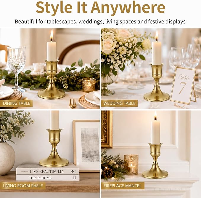 60 Pack Brass Gold Taper Candle Holders Set, Bulk Vintage Metal Candlestick Holders for Table Centerpieces, Wedding Reception Decorations, Party Banquets, Christmas Mantel Decor and Home Decor (Gold)