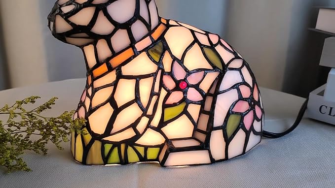 A0012 Tiffany Style Lovely Ratbbit Table Lamp Handmade Stained Glass Animal Night Light, Bunny Accent Table Lamp for Livingroom Bedroom Home Decoration