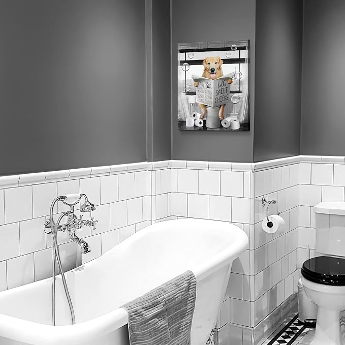 Funny Golden Retriever Wall Art Black and White Dog Bathroom Print Farmhouse Bathroom Animals Wall Decor Dog Sitting in Toilet Reading Newspaper Painting Framed Artwork for Toilet 12x16 inch