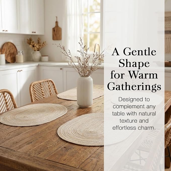 Placemats Set of 6, Woven Oval Braided Dining Table Mats(Beige) | 12 x 17.5 Inch Size Fits Plates and Flatware; Hand Washable and Heat Resistant for Kitchen Use, with Farmhouse and Boho Style