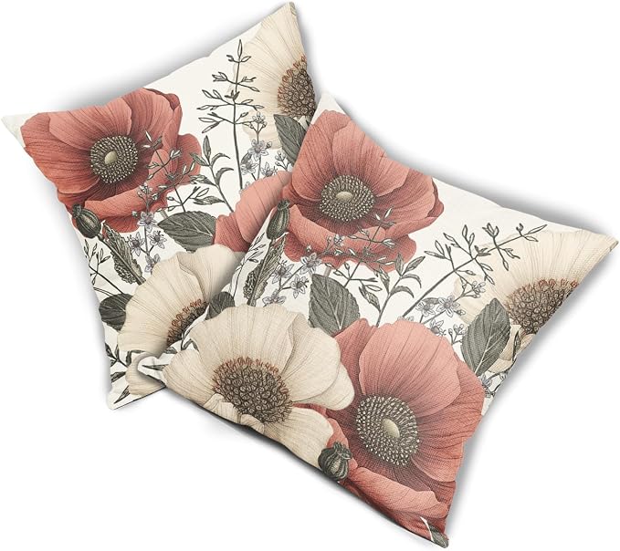 Vintage Flower Pillow Covers 16x16 Inch Rustic Floral Botanical Pattern Throw Pillow Covers Set of 2 Farmhouse Pillowcases Cotton Linen Cushion Covers for Couch Bed Sofa Chair Indoor Outdoor Decor