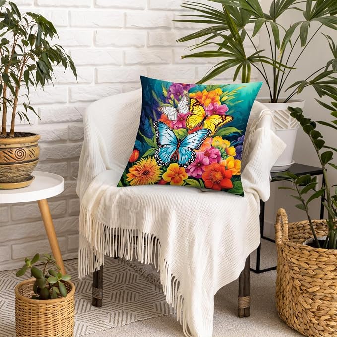 Fokongna Colorful Butterfly Floral Pillowcase 18 x 18 Inches Covers Cottagecore Wildflower Botanical Butterfly Moth Decorative Lumbar Pillow Covers for Home Sofa Couch Patio