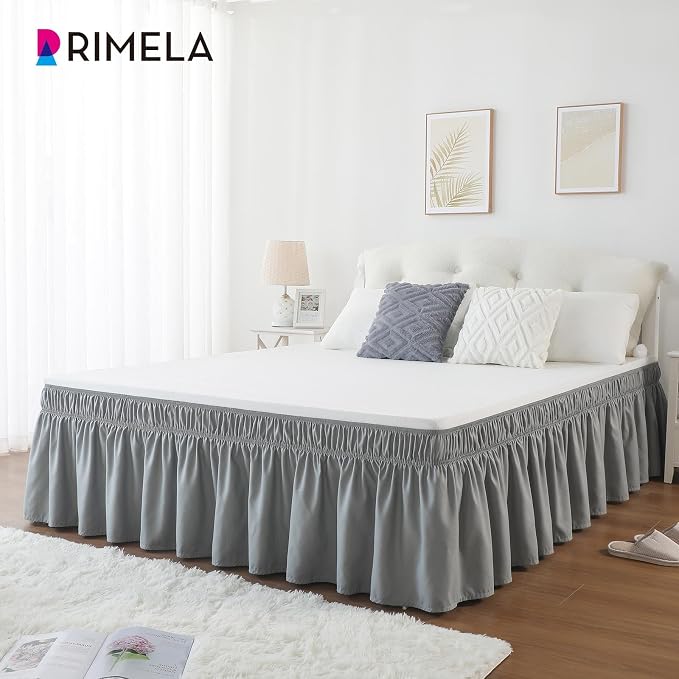 Grey Bed Skirt Full Size 15 Inch Drop, Elastic Wrap Around Bedskirt | Solid Ruffled, Easy to Use, No Mattress Lifting, Wrinkle & Fade Resistant, with Adhesive Strips, Machine Wash/Dry/Iron