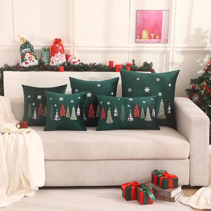 Christmas Embroidery Throw Pillow Covers 24 x 24 inch Set of 2 Xmas Dec Velvet Pillowcases Forest Green Christmas Trees Cushion Pillow Cases Soft Square Holiday Pillowcase