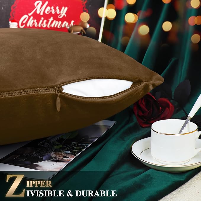 BRAWARM Christmas Pillow Cover 18 X 18 Inches, Brown Reindeer Embroidered Pillow Cover, Soft Velvet Decorative Throw Pillow for Couch Bed Sofa Living Room Home