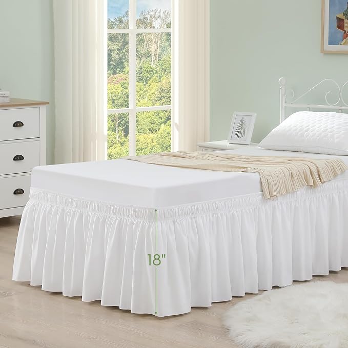 White Bed Skirt Twin Size 18 Inch Drop, Elastic Wrap Around Bedskirt | Solid ruffled, Wrap-around/elastic, Wrinkle & Fade resistant, with Adhesive Strips, Gift Packed, Machine Wash/Tumble Dry/Iron