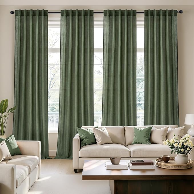 MIULEE Olive Green Back Tab Linen Curtains 4 Panels 42W x 102L | Linen material, light filtering, rod pocket back tab hanging, farmhouse decor for living room bedroom