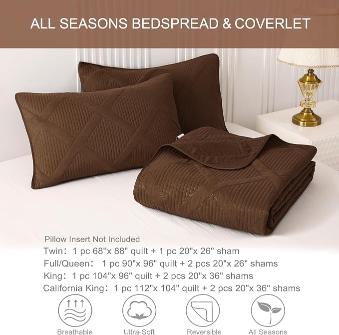 Exclusivo Mezcla California King Size Quilt, Brown | Soft Bedspreads with 2 Pillow Shams, Modern Striped Pattern, Lightweight Bedding Set Coverlets for All Seasons, 112x104 Inch