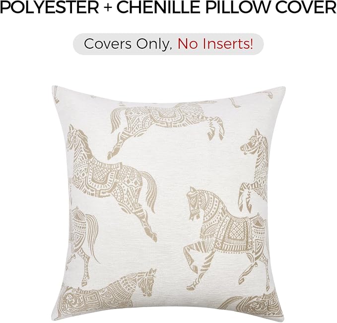 Throw Pillow Cover 18x18'' Inches, Double Sided Horse Chenille Jacquard Embroidery Couch Sofa Pillow Cushion Covers, Modern Equestrian Decorative Pillows Cover for Living Room Bedroom