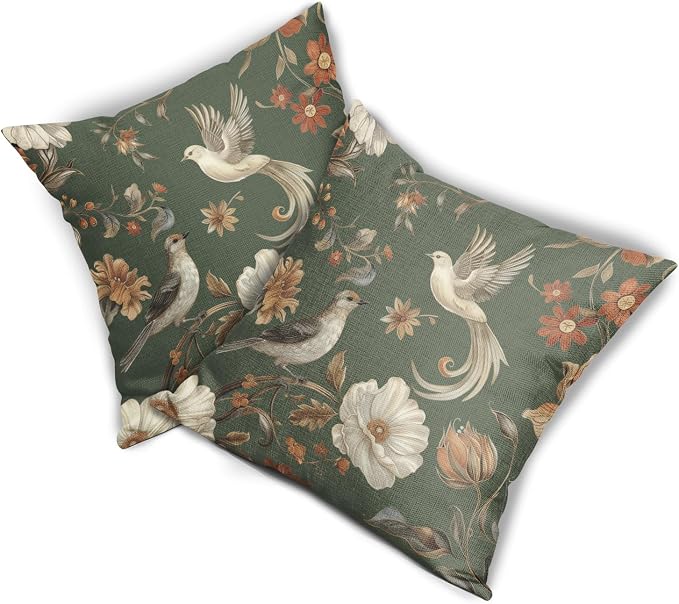 Kawani Vintage Floral Pillow Covers 18x18 Inch Set of 2 Green Chinoiserie Flower and Bird Outdoor Decorative Throw Pillows Retro Rustic Pillowcases Farmhouse Cushion Covers for Couch Home Decor