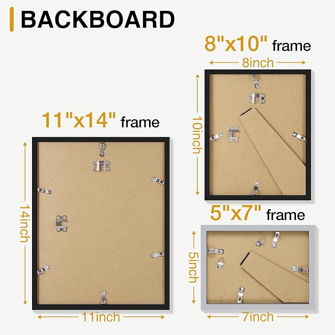 decorUhome 7 Pack Assorted Picture Frame Set for Wall & Tabletop, P0707MT | Black / Brown / Grey, Multi Size Picture Frame Includes One 11x14 / Two 8x10 / Four 5x7 for Family Gallery Wall