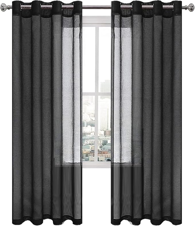 DWCN Sheer Curtains Faux Linen Sheer Voile Window Curtain for Living Room and Funeral/Gothic Wedding Grommet Black Drapes 52 x 84 Inch Long, 1 Pair, Set of 2 Panels