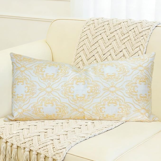 Slow Cow Linen Embroidery Decorative Lumbar Throw Pillow Cover Rectangular Pillowcase Cushion Cover 12 x 24 Inches Yellow Gold