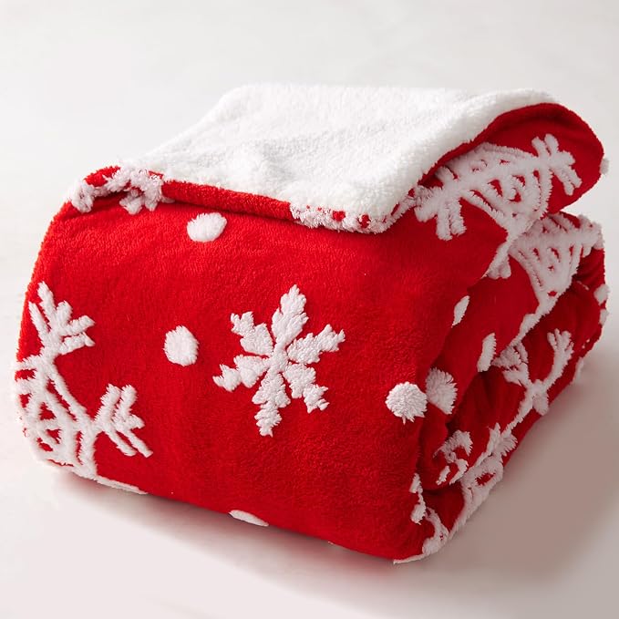 Red Sherpa Blanket - Snowflakes Throw Blanket for Couch, Warm Winter Cabin Throw, Premium Microfiber & Soft Touch, Plush & Fluffy, Warm & Cozy, Sofa, Bed, 50"x60"