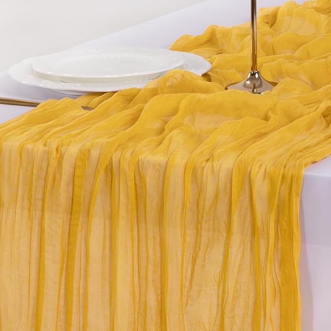 Cheesecloth Table Runner Fall Boho Wedding Birthday Party Home Decor | Gold Yellow 10pcs Rustic Gauze 10FT Cheese Cloth Sheer Farmhouse Dining Runner for Baby Shower Bridal Holiday Decorations