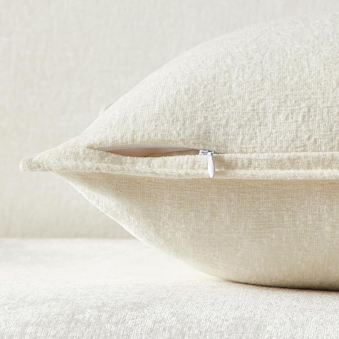 JUSPURBET 24x24 Chenille Decorative Throw Pillow Covers Set of 2,Cream | Cozy Soft Cushion Covers Case with Hidden Zipper for Couch Sofa Bed Home Decor Living Room