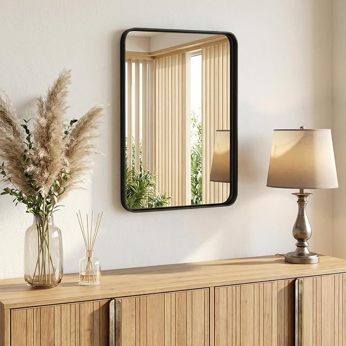 Sweetcrispy Bathroom Mirror 30.5x22.5 Inch, Vanity Mirror for Wall | Metal Framed Rounded Rectangle, Over Sink, Farmhouse, Restroom, Anti-Rust, Horizontal or Vertical Hanging, Black