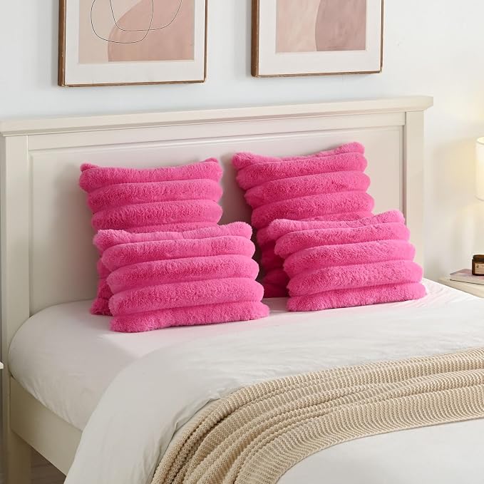 HAUSSY Pack of 2 Pillow Covers 16x16 Inch, Faux Fur Decorative Couch Throw Pillows Soft Striped Plush Cushion Covers Home Decor Cute Furry Pillowcase for Living Room Sofa Bed, Hot Pink (Covers Only)
