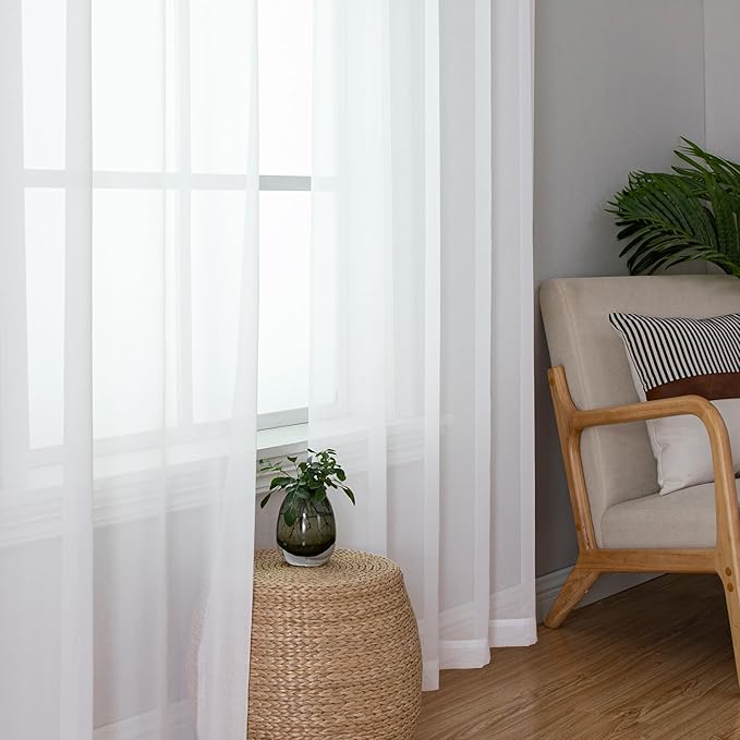 Simplebrand White Sheer Curtains, 63" Length, 2 Panels Set - Light Filtering, Rod Pocket Window Curtains for Bedroom (White, 59" W x 63" L)