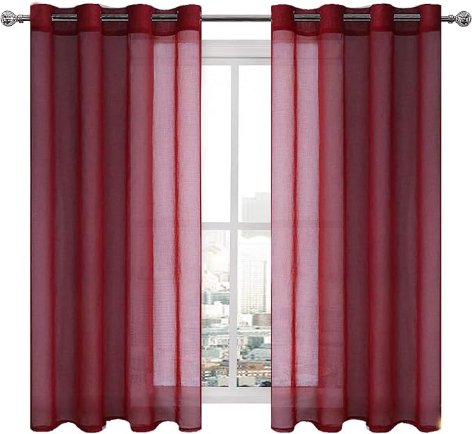 DWCN Burgundy Sheer Curtains, Faux Linen Grommet Window Curtain Voile Sheer Drapes for Living Room Bedroom Thanksgiving Day & Christmas Decor Set of 2 Panels 52 x 45 Inch Long, Burgundy Red