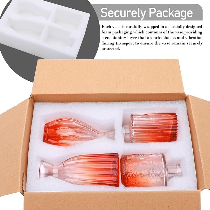 Glass Bud Vases Set of 4, Small Orange Flower Vases for Wedding Centerpiece | Clear Vintage Embossed Mini Vases for Table Decorations, Flower Arrangements in Vases for Party or Home Decor
