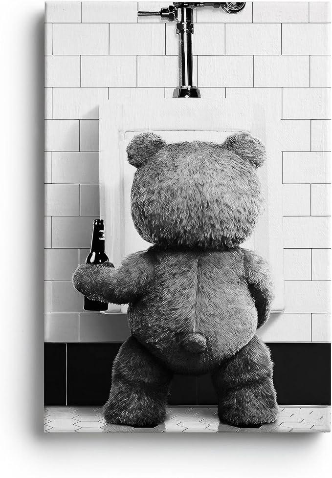 DIHSIEG Funny Teddy Bear Bathroom Wall Art Toilet Humor Canvas Print 12x16 | Unframed Modern Decor for Powder Room, Above Toilet Decoration, Restroom Accent, Unique Wall Hanging Gift for Home & Friends