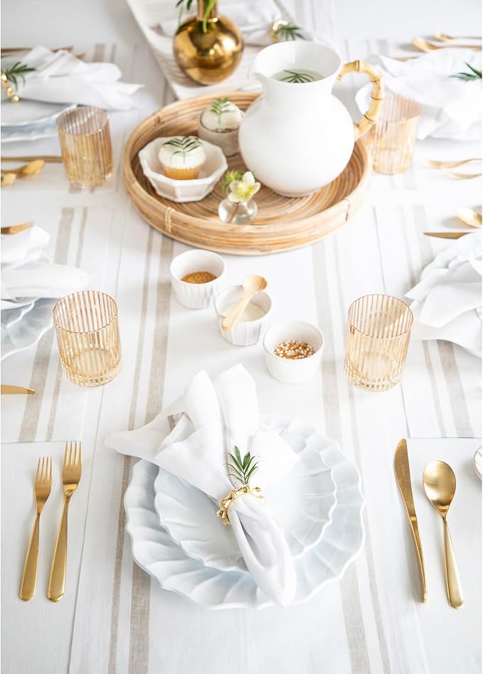 Solino Home 100% Linen Table Runner, 14 x 72 in, Natural and White Striped | French Stripe, brings a tailored look to family meals and hosting, woven stripe, European flax fibres, OEKO-TEX Certified