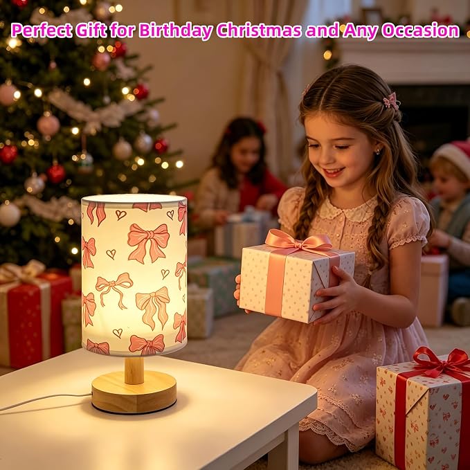 Pink Bow kids Table Lamp Dimmable Small Bedsdie Lamps for Bedroom Decor