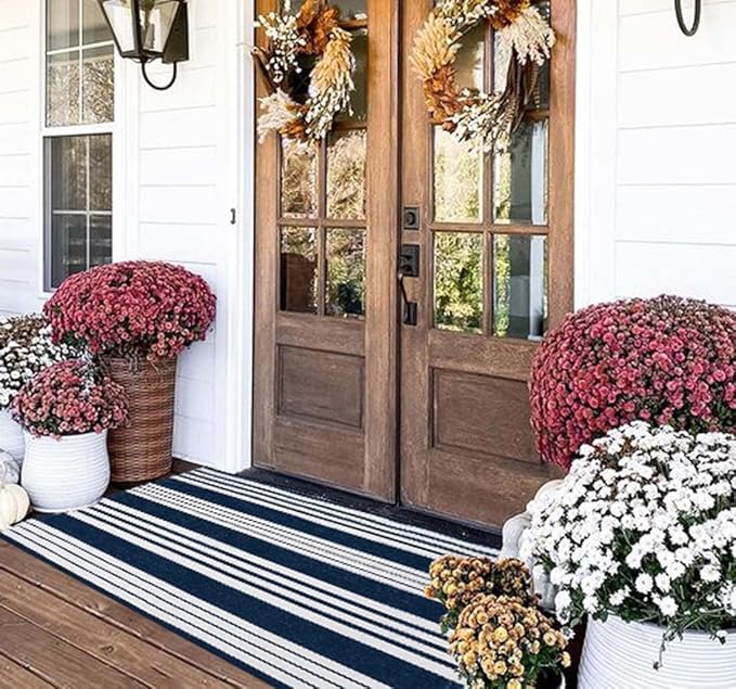 Blue and White Outdoor Rug 24"x51"Washable Cotton Farmhouse Front Porch Rug | Hand-Woven Cotton Indoor Outdoor Layered Doormat For Entryway Combined With Hello Welcome Mat